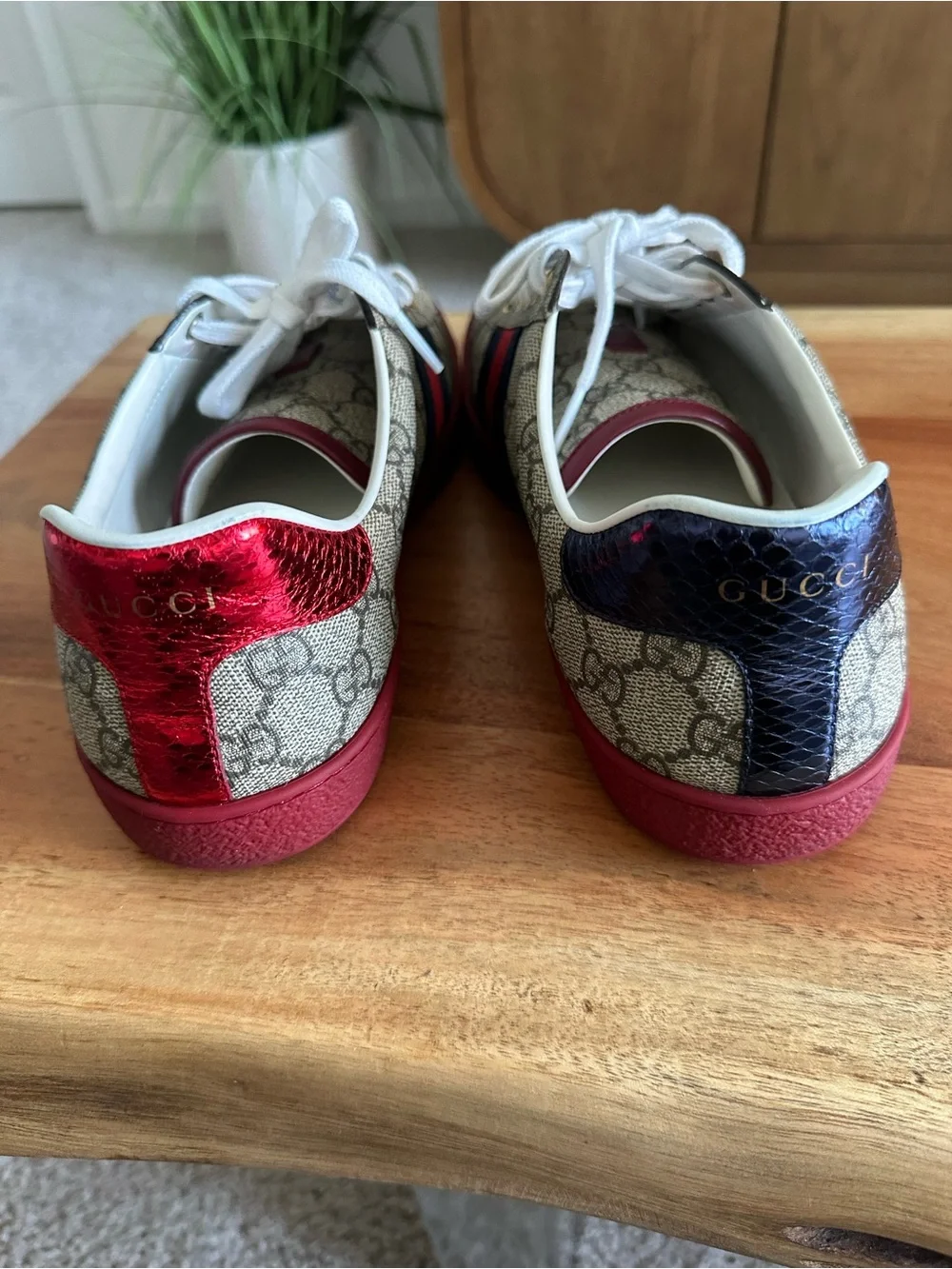 Gucci Beige GG Canvas Sneaker with Red & Navy Web Stripe